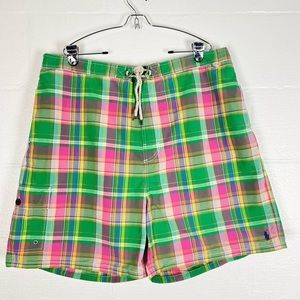 Polo by Ralph Lauren Green and Pink Plaid Swim Trunks